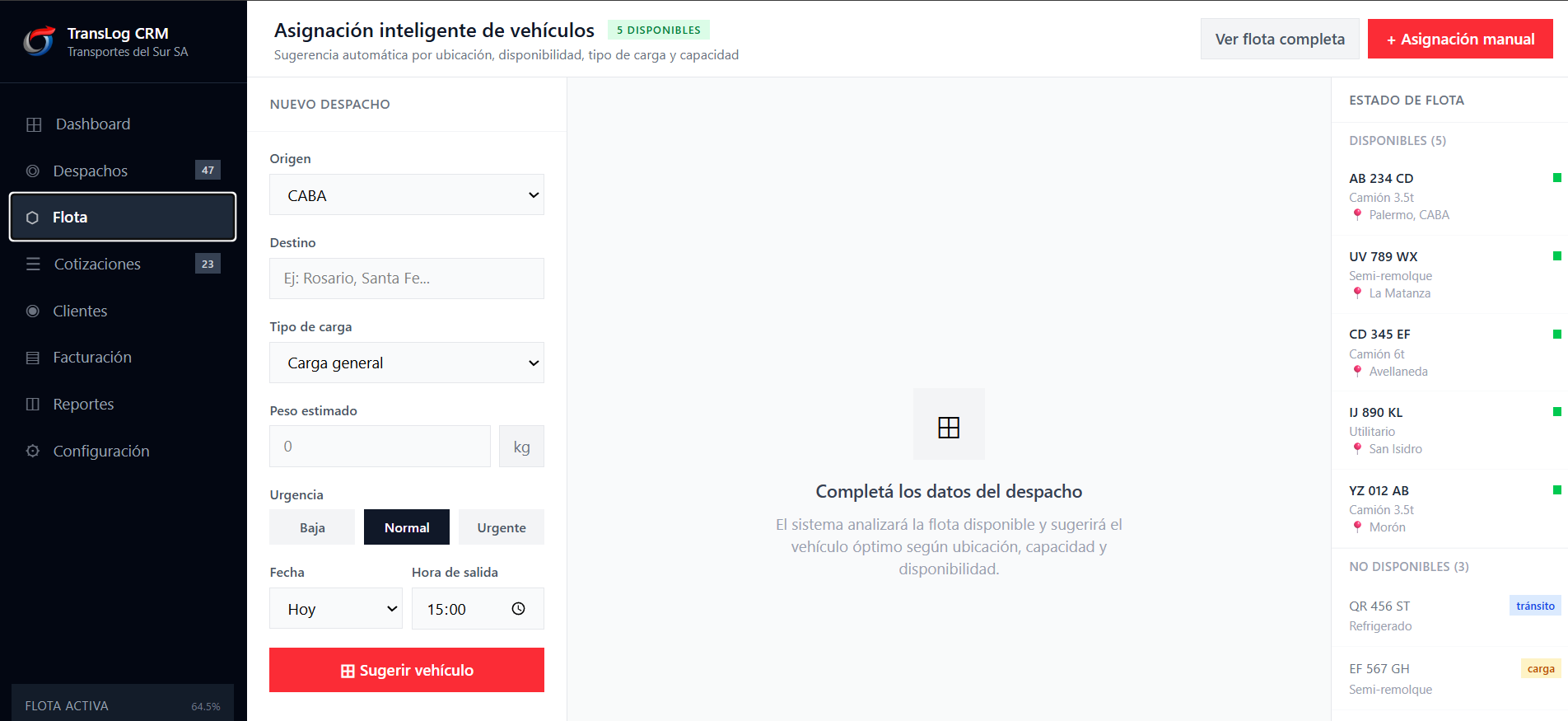 Panel de asignación inteligente de vehículos